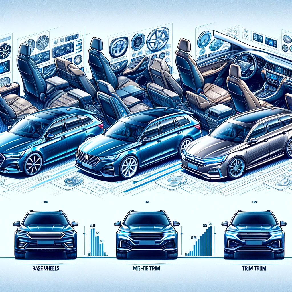 A comparison of different car trims and variants, showcasing the exterior and interior features of each