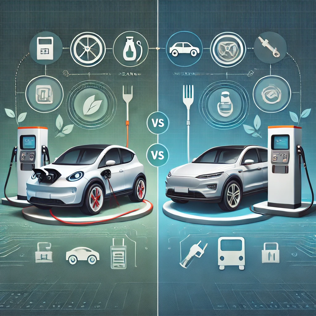 A side-by-side comparison of an electric car and a gasoline car, highlighting differences in features, performance, and sustainability.