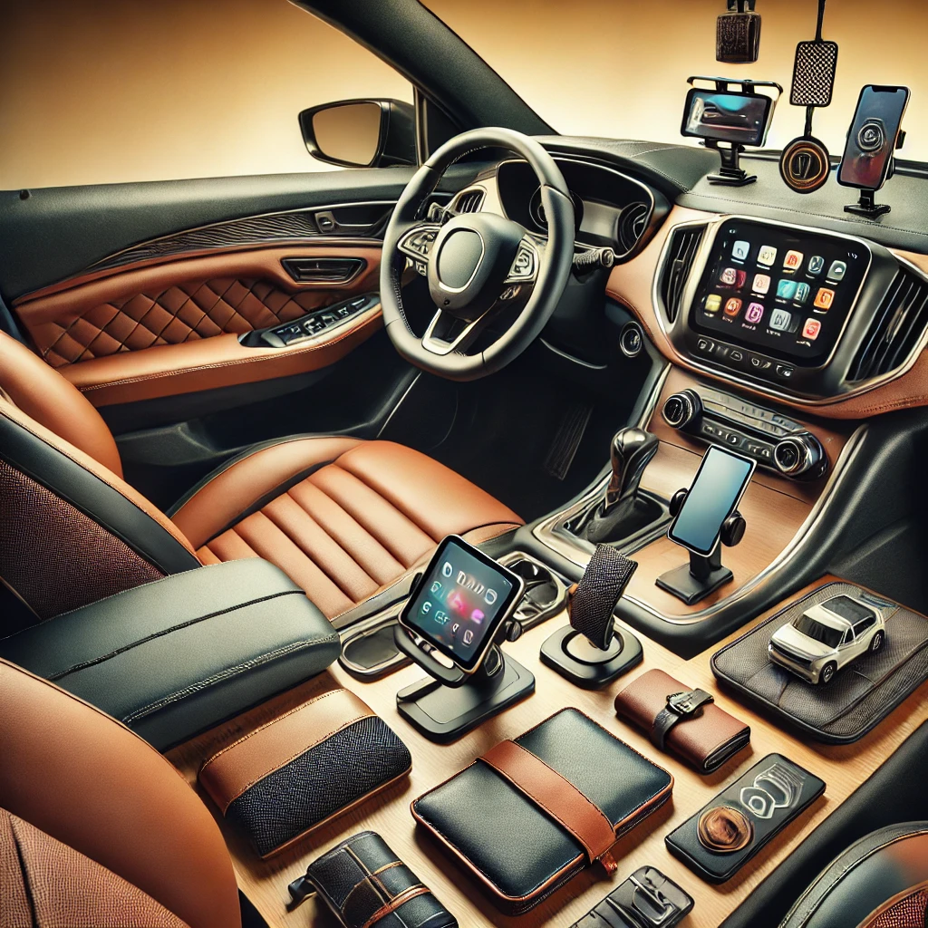 A variety of car accessories displayed, including seat covers, steering wheel covers, and tech gadgets, highlighting comfort and style