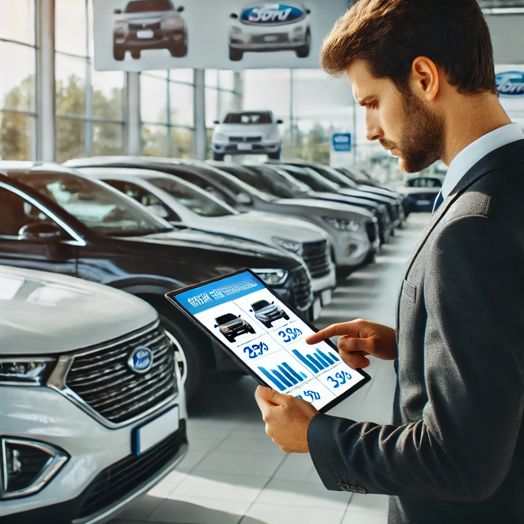 A person evaluating different car models in a dealership, highlighting key features and price comparisons to choose the best car for their lifestyle and budget