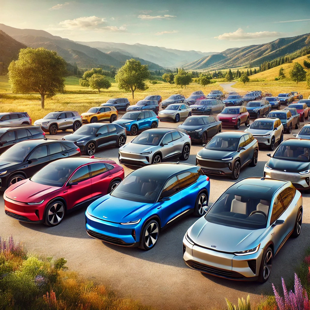 A lineup of 2024 cars in various colors and models parked in a scenic outdoor setting.