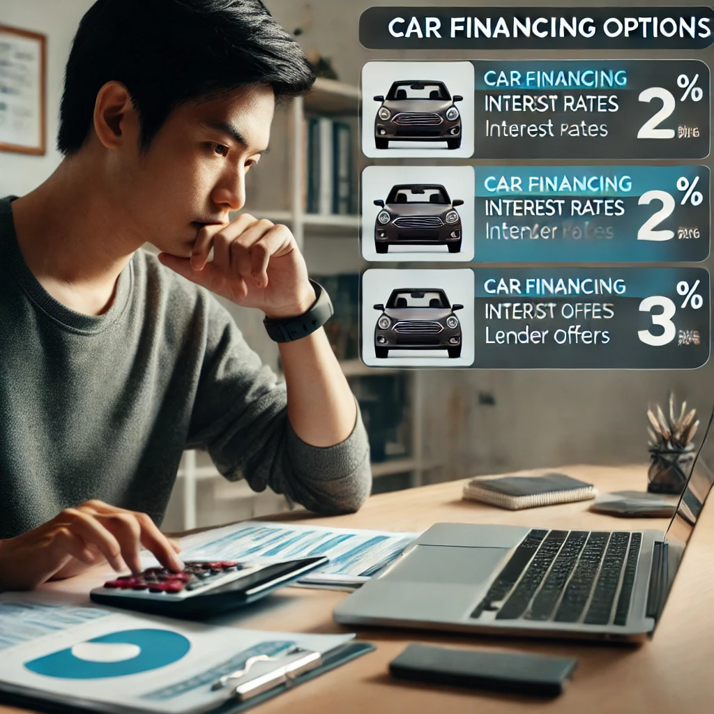 A person comparing car financing options using documents and a laptop, showcasing different interest rates and lender offers.