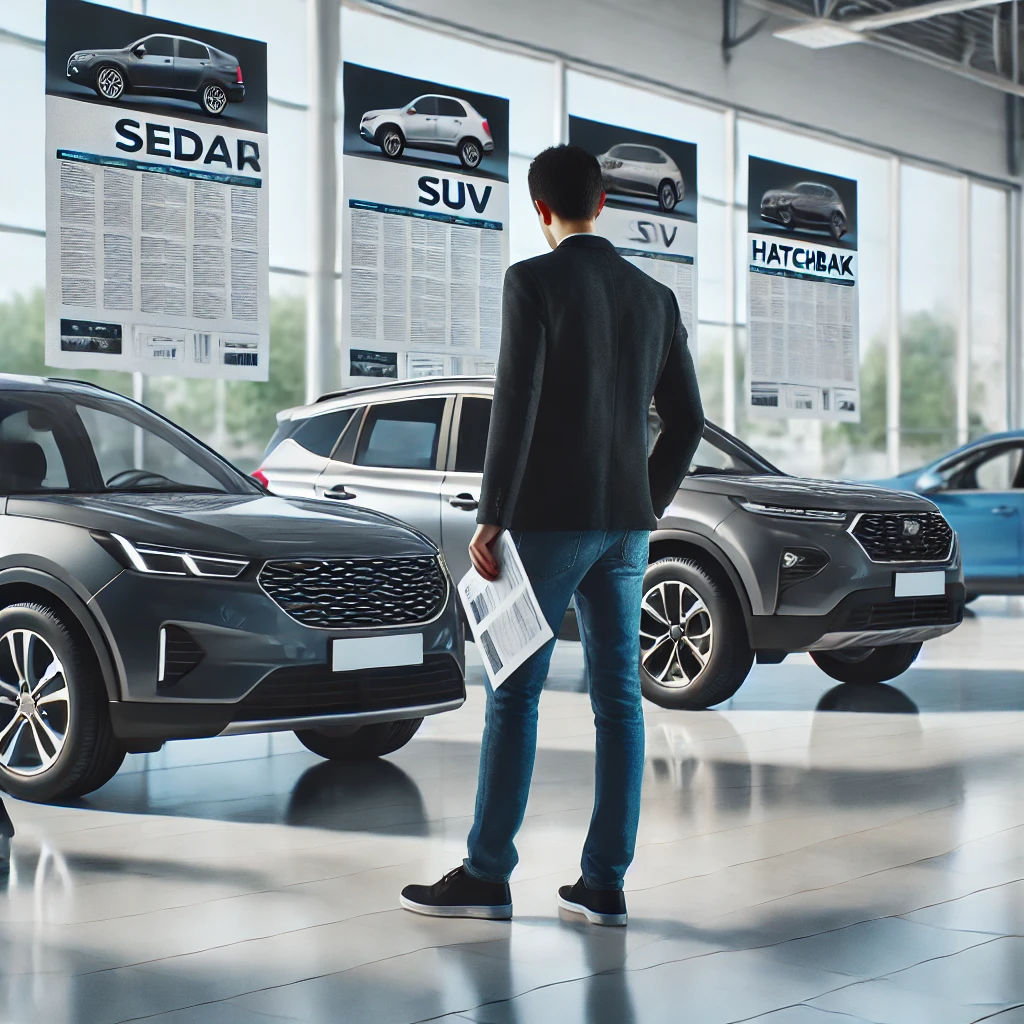 A person comparing a sedan, SUV, and hatchback in a car dealership, highlighting key differences in design, size, and features for making the best decision