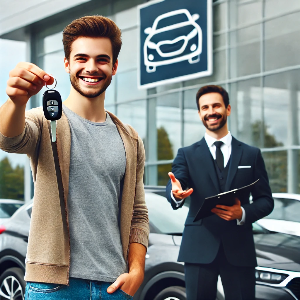 A smiling customer receiving car keys after securing the best car financing deal with low interest rates from a dealership