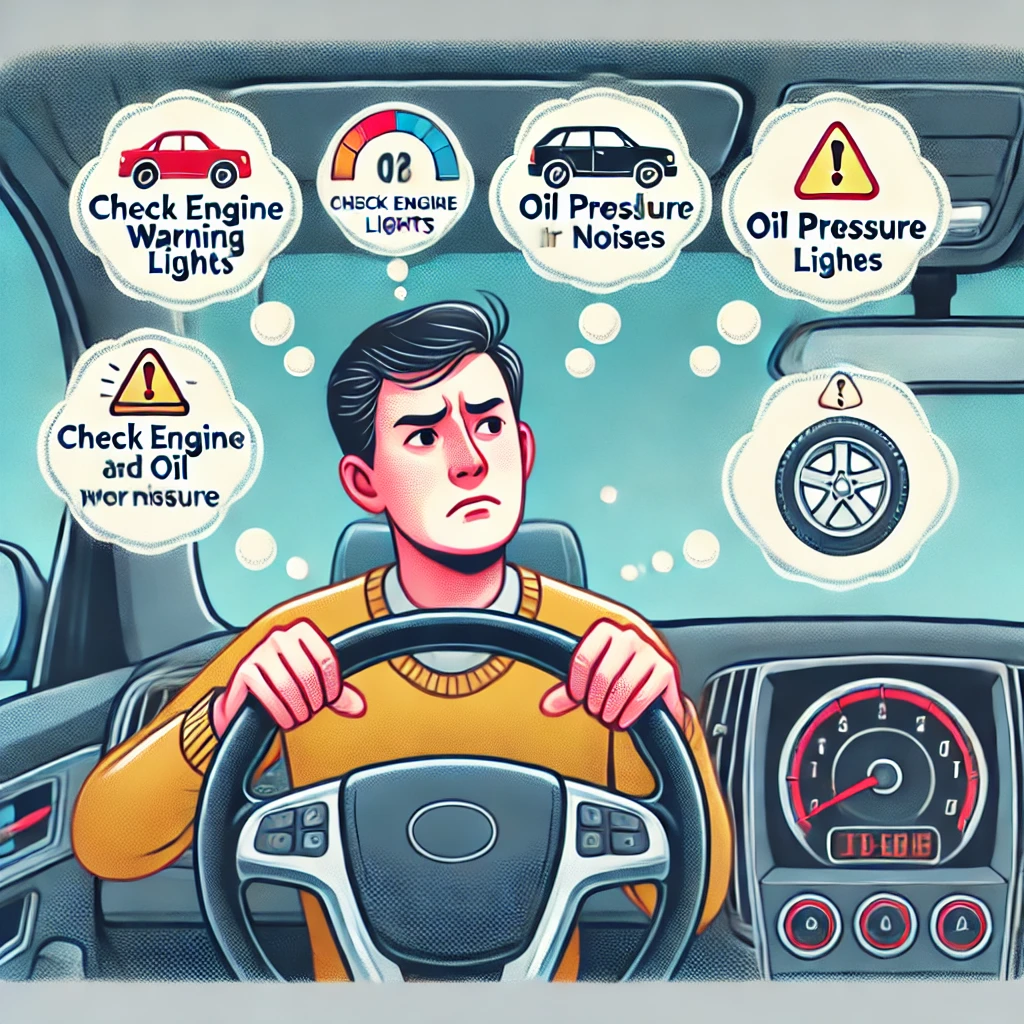 A driver identifying common car problems, including engine noises and dashboard warning lights.