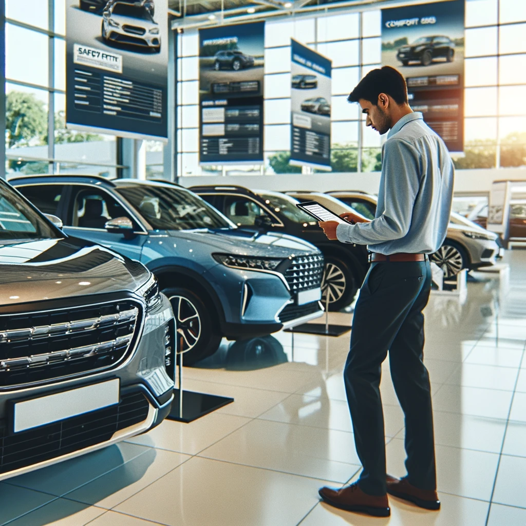 A person comparing different car variants in a dealership, focusing on key features like safety, comfort, and technology to make the right choice