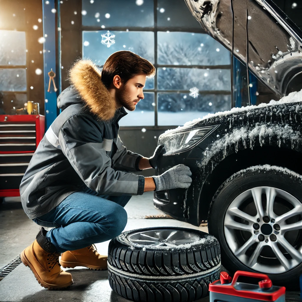 A mechanic performing winter maintenance on a car, checking tire tread and antifreeze levels, ensuring the vehicle is ready for cold weather