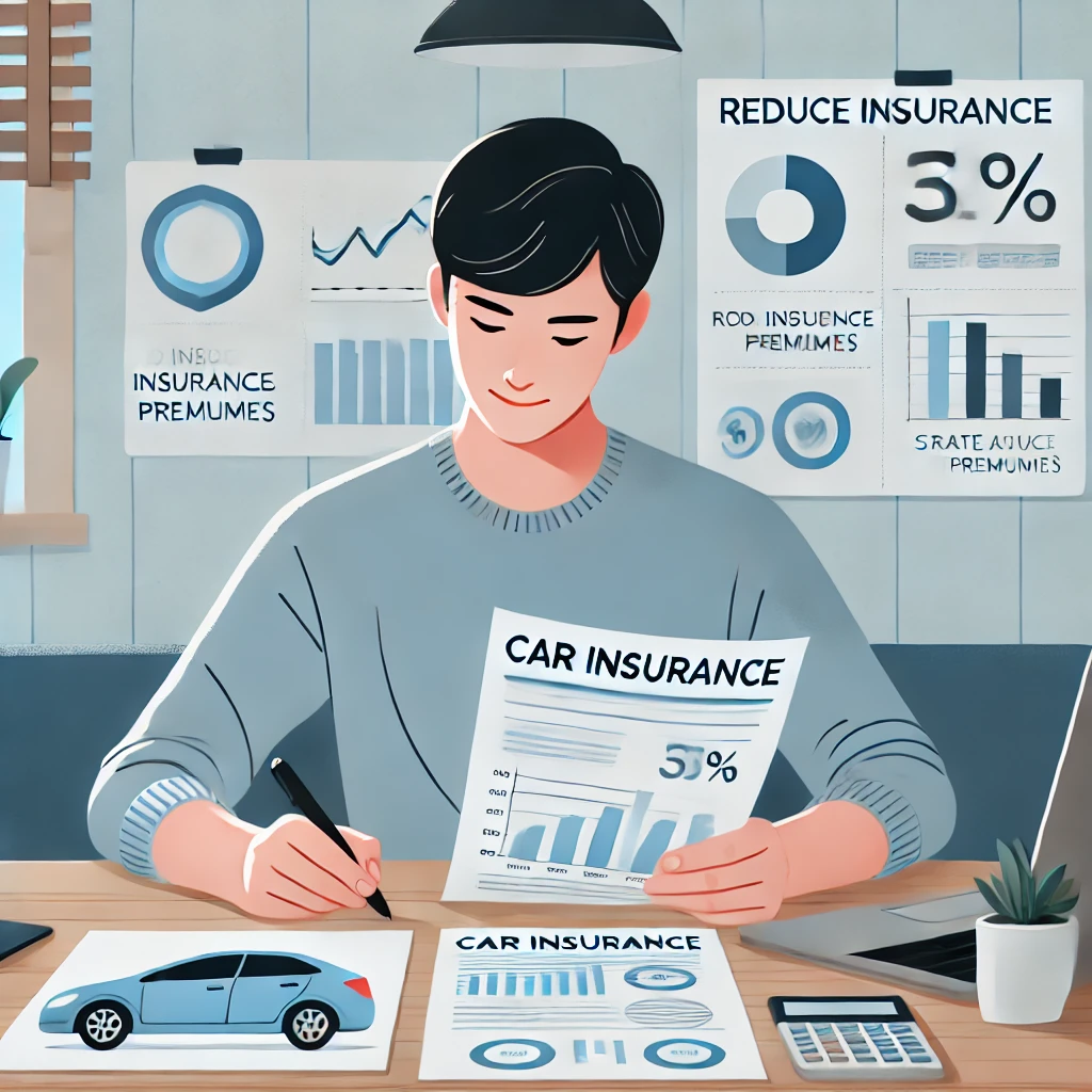 A person reviewing car insurance documents, highlighting strategies to reduce insurance premiums