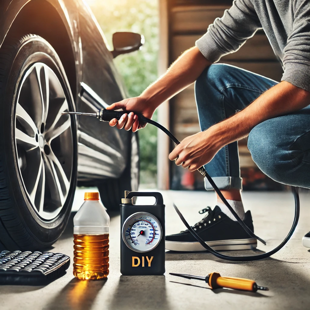 A person performing DIY car maintenance, such as checking tire pressure and oil levels, highlighting affordable vehicle care.