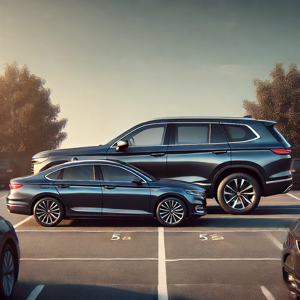 A comparison of a sedan and SUV parked side by side, showcasing design differences.