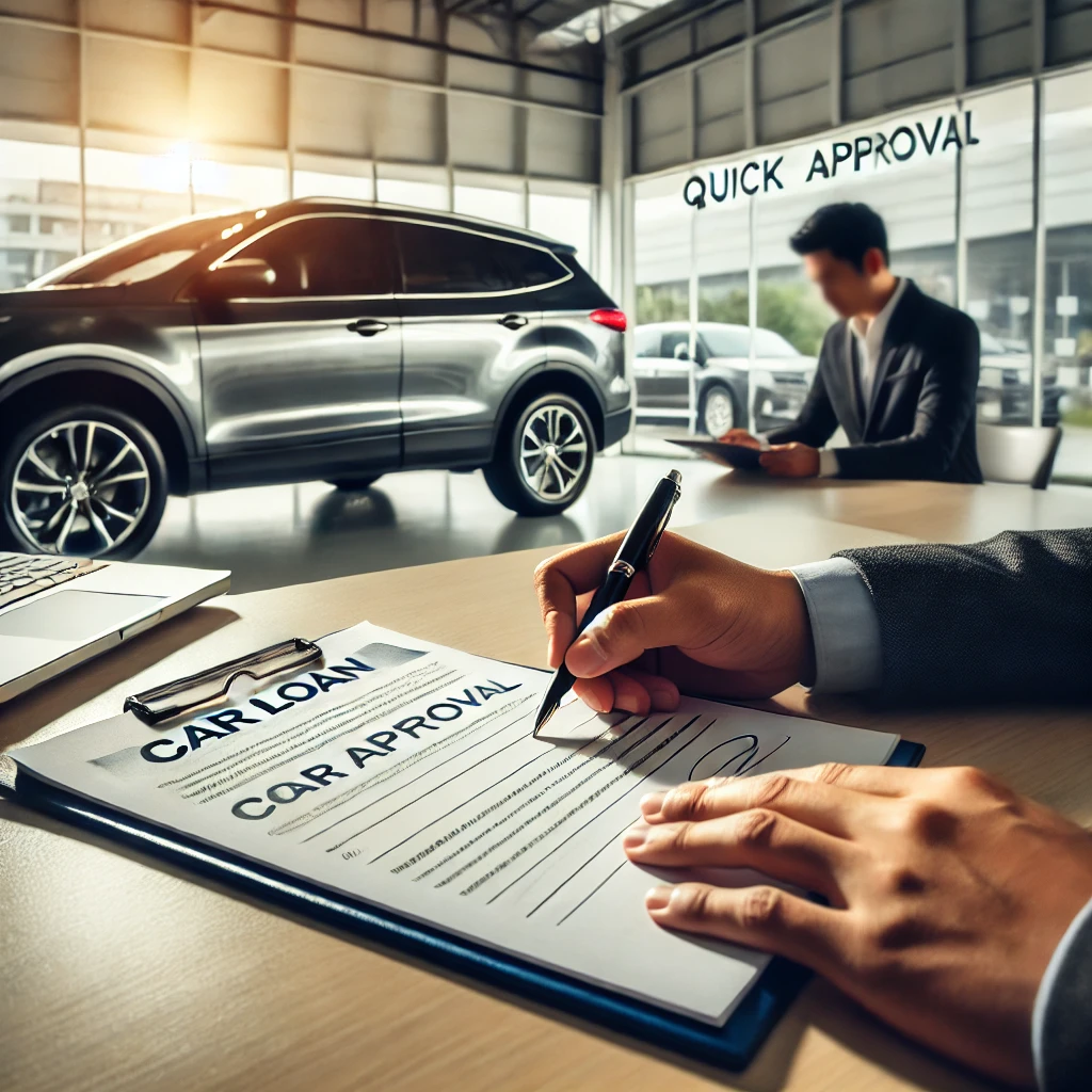 A person signing car loan documents next to a new car, symbolizing quick loan approval