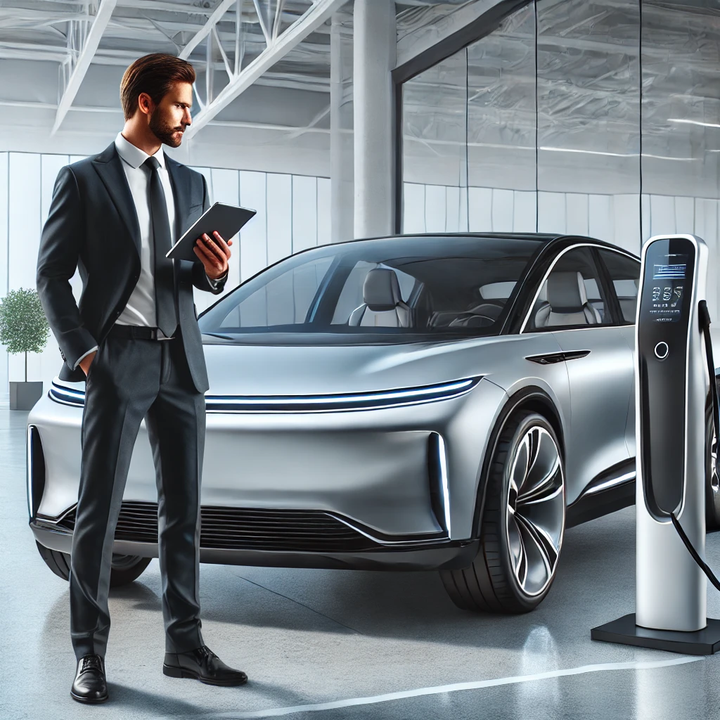 A buyer standing next to a modern electric vehicle in 2024, exploring purchase options.