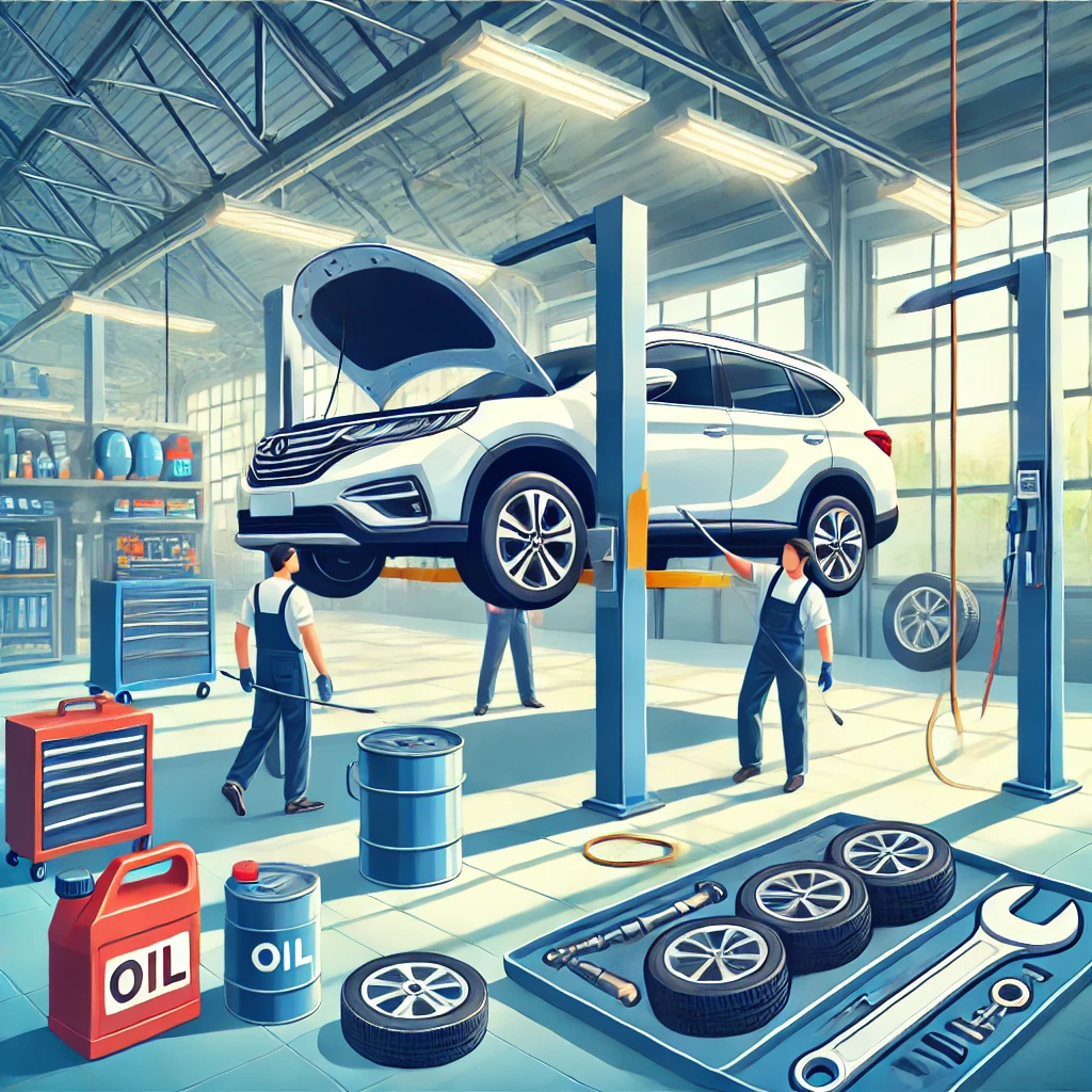 A car receiving maintenance services, including oil change, tire check, and brake inspection