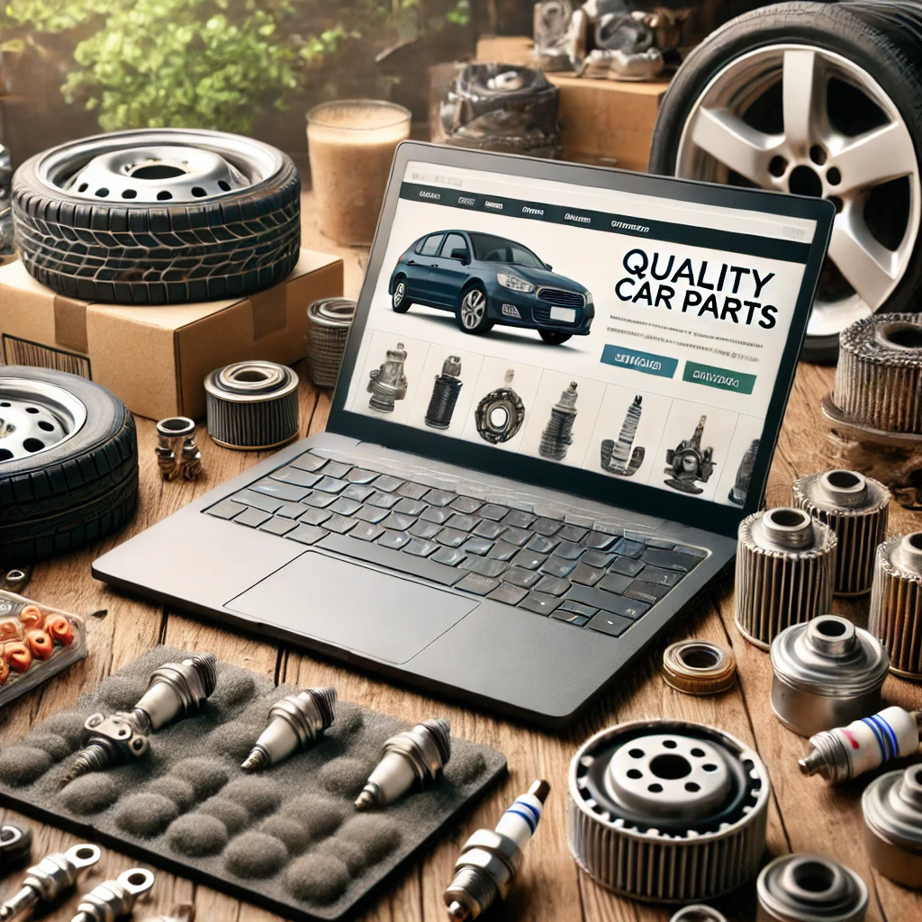 A variety of quality car parts displayed on a laptop screen, symbolizing online shopping.