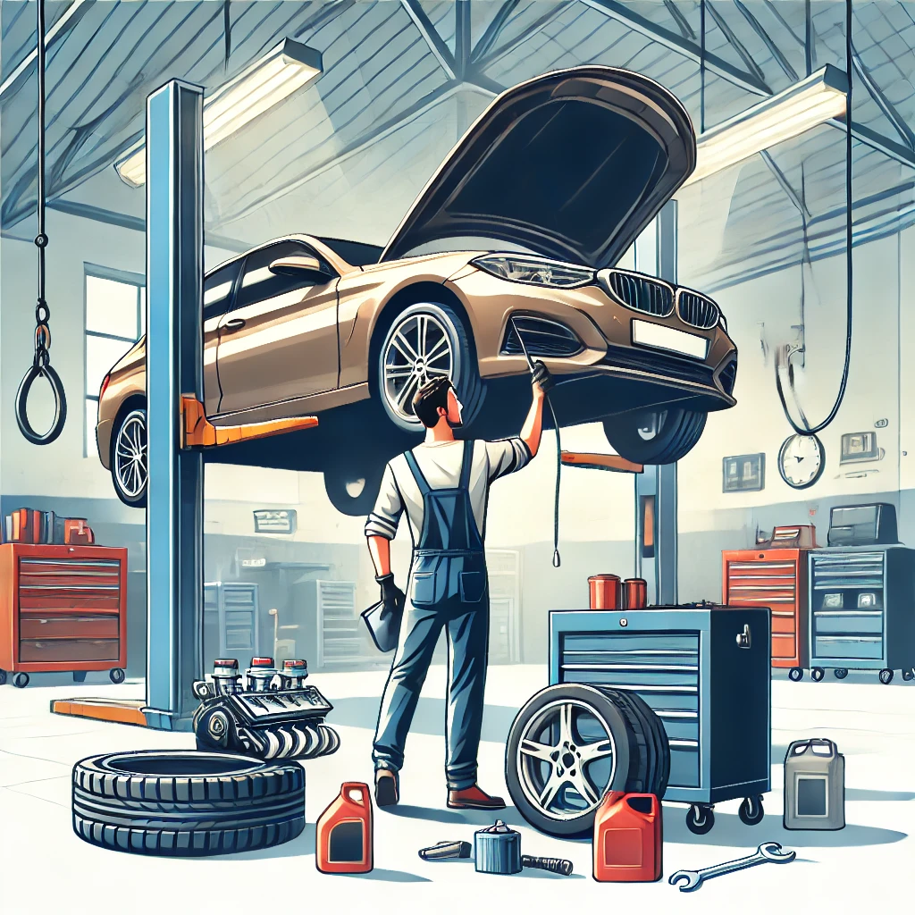 A mechanic performing essential car maintenance tasks, including checking fluids, tires, and engine components