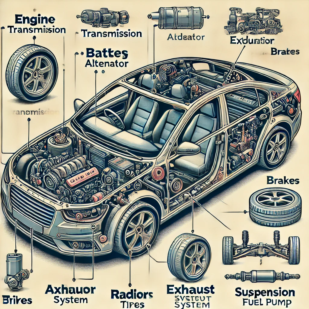 Diagram showing the top 10 essential car parts in a vehicle for maintenance and safety.