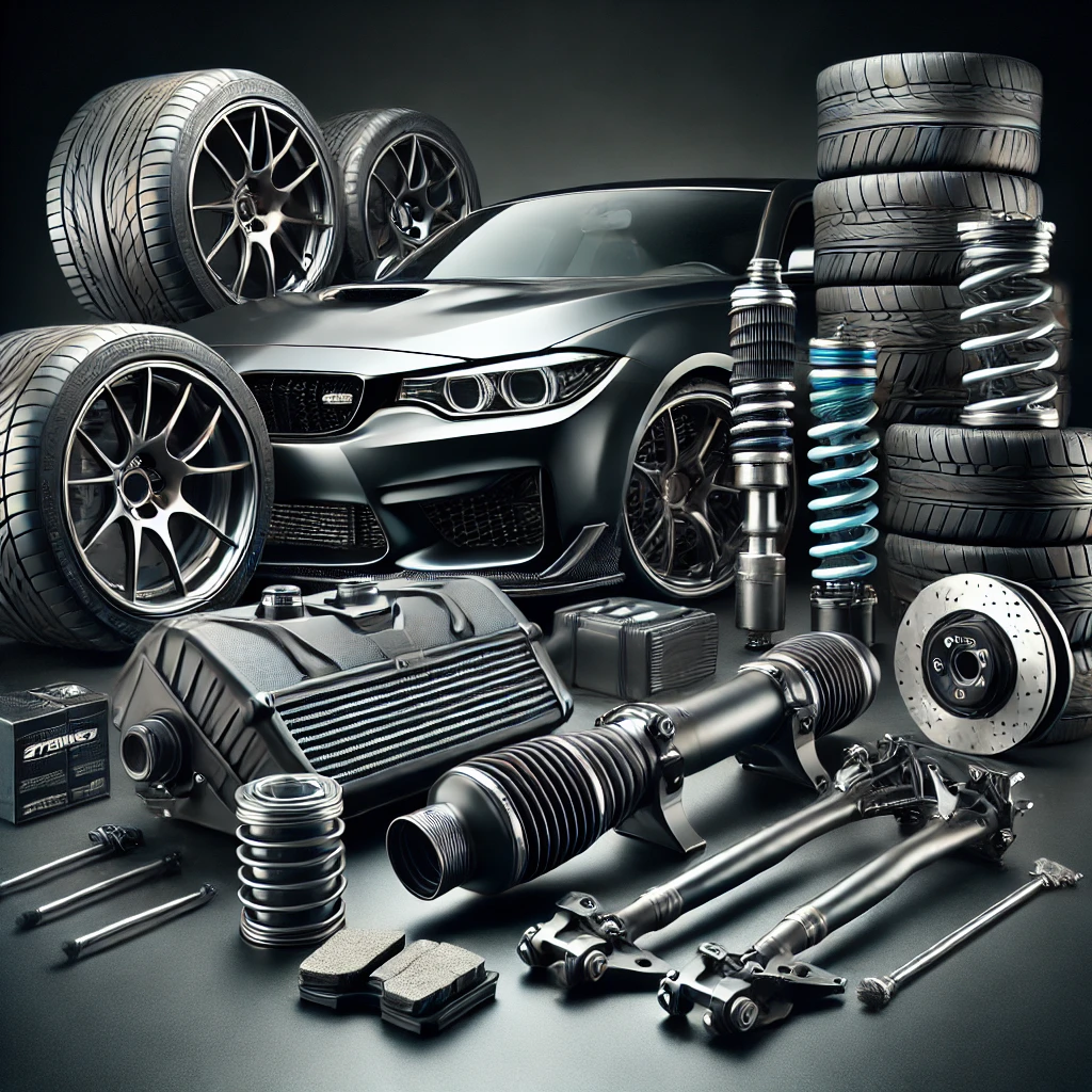 A selection of car parts, including an air intake system, performance tires, and upgraded suspension components, highlighting enhanced vehicle performance