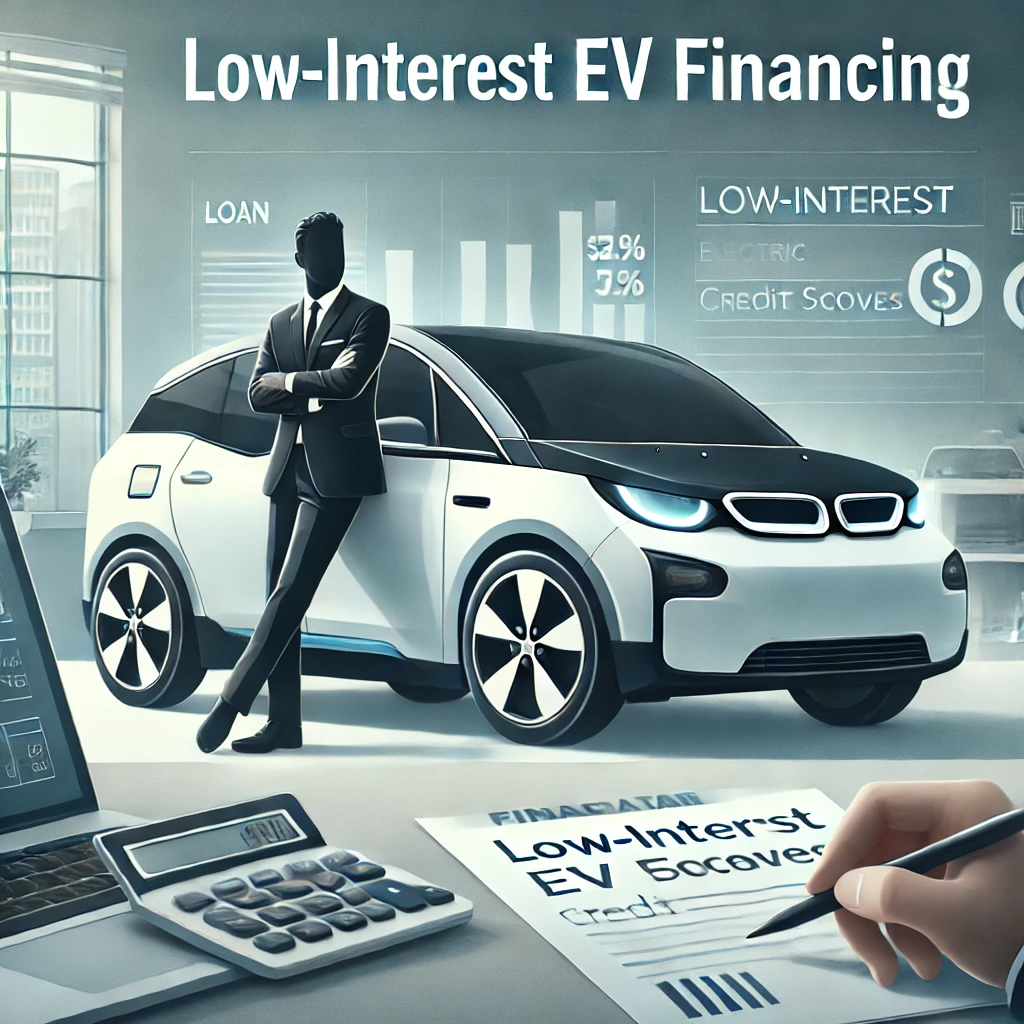 A satisfied individual reviewing low-interest EV financing options on a laptop, with a sleek electric vehicle in the background