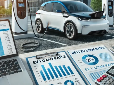 A first-time electric vehicle buyer exploring financing options with documents and a calculator