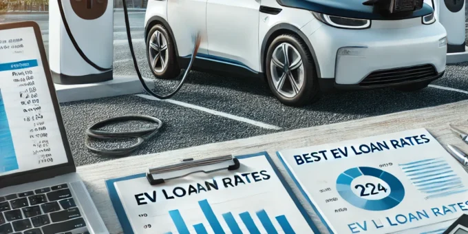 A first-time electric vehicle buyer exploring financing options with documents and a calculator