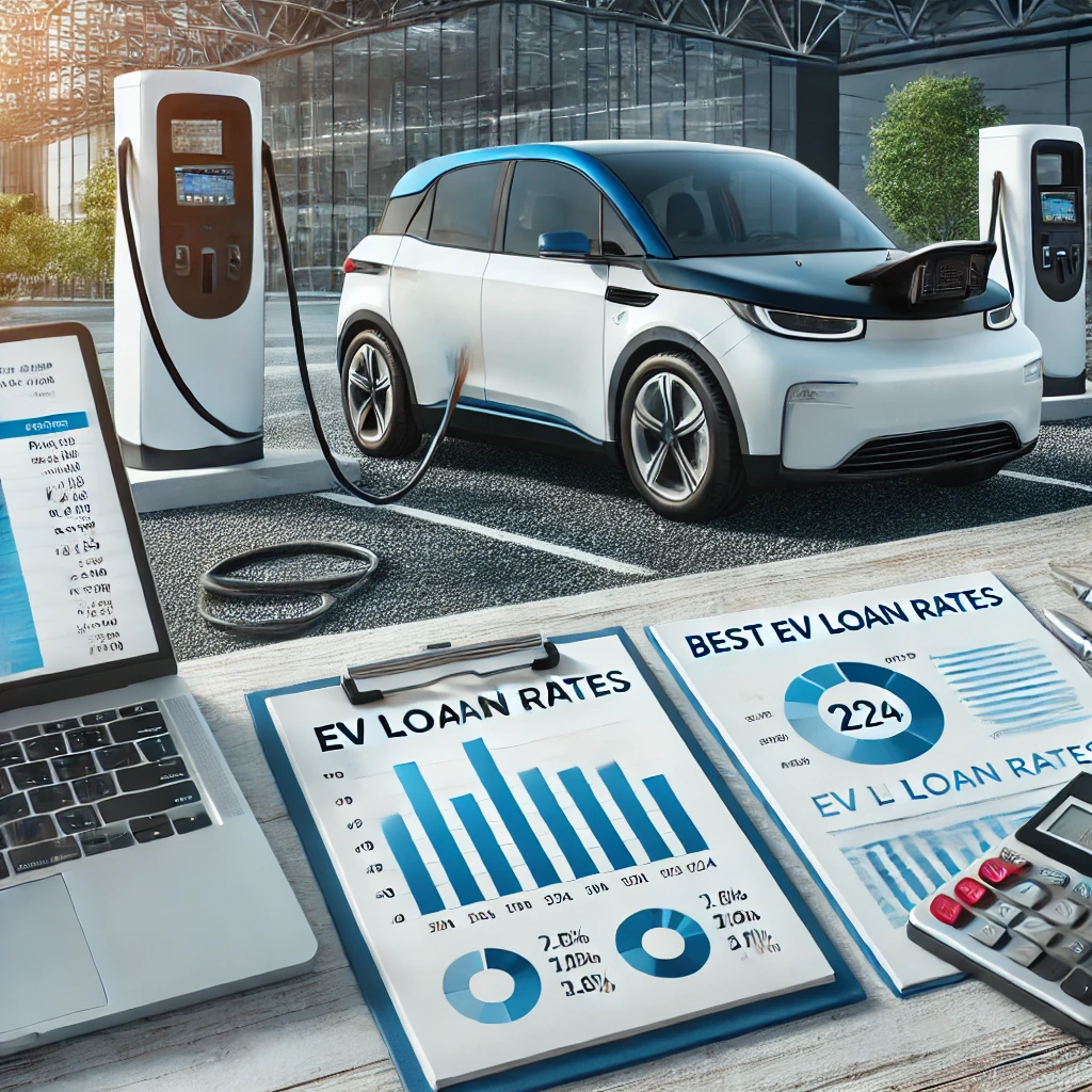 A first-time electric vehicle buyer exploring financing options with documents and a calculator