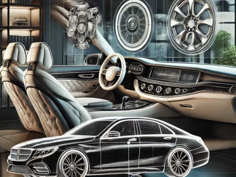 A sleek luxury car parked in a modern showroom, surrounded by icons representing features, comfort, and performance