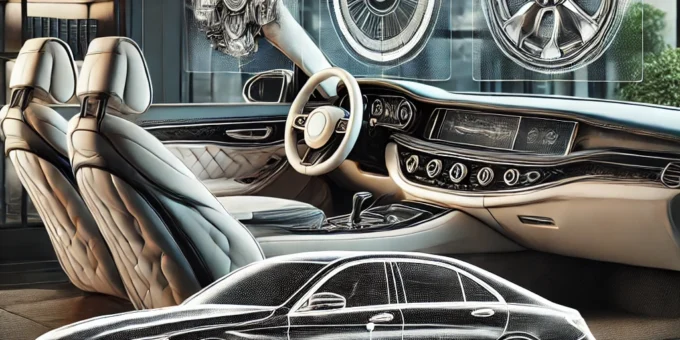 A sleek luxury car parked in a modern showroom, surrounded by icons representing features, comfort, and performance