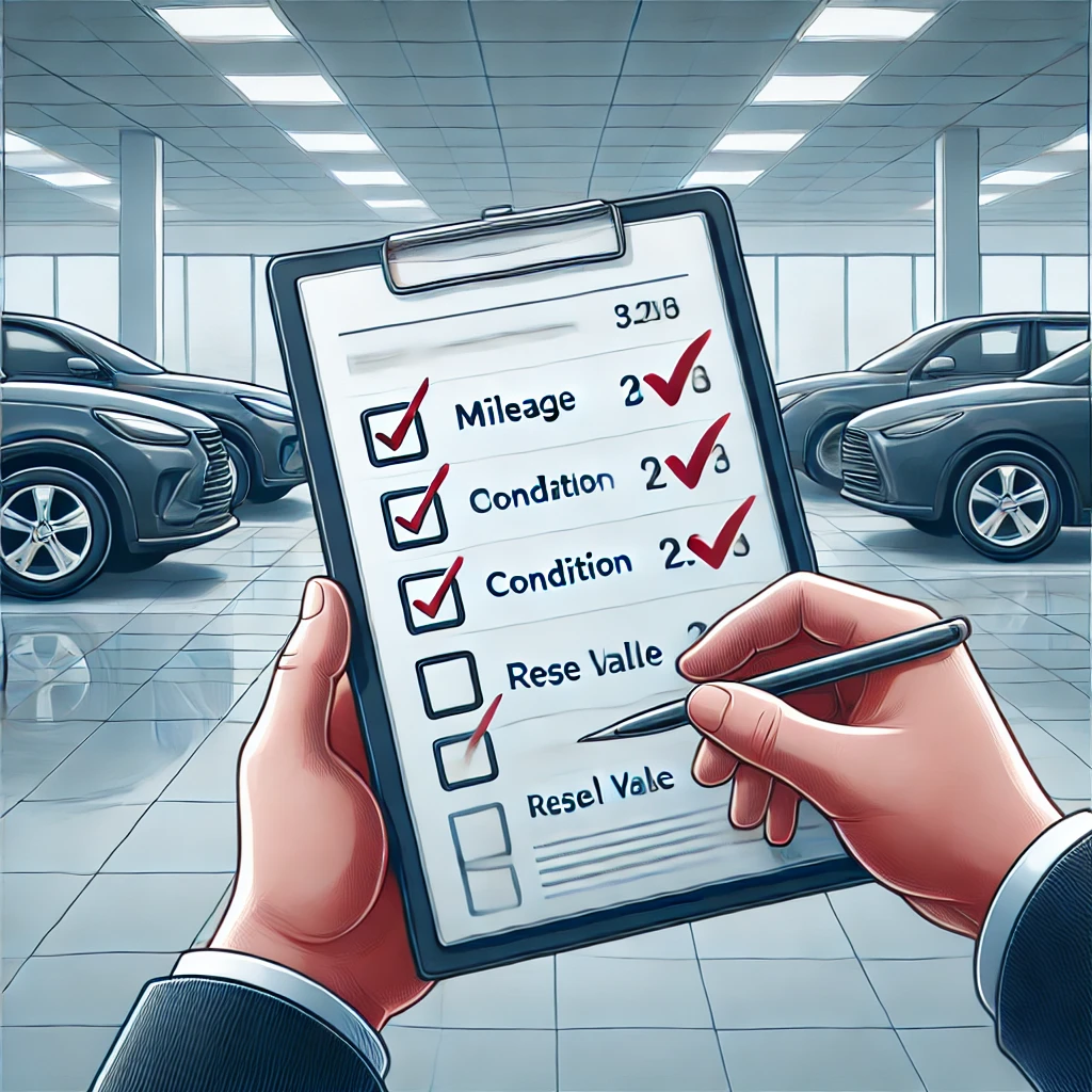 A professional setting with two used cars being compared side-by-side, with a clipboard showing mileage, condition, and resale value notes