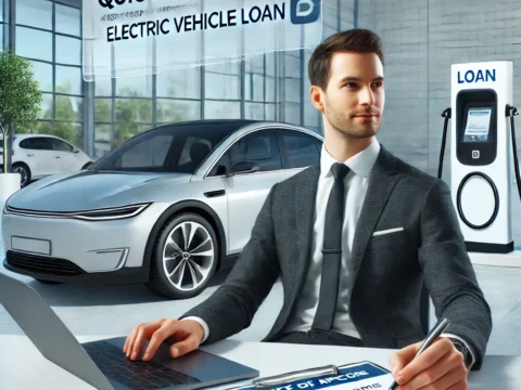 confident person receiving quick EV loan approval, surrounded by loan documents, a laptop, and an electric vehicle in the background