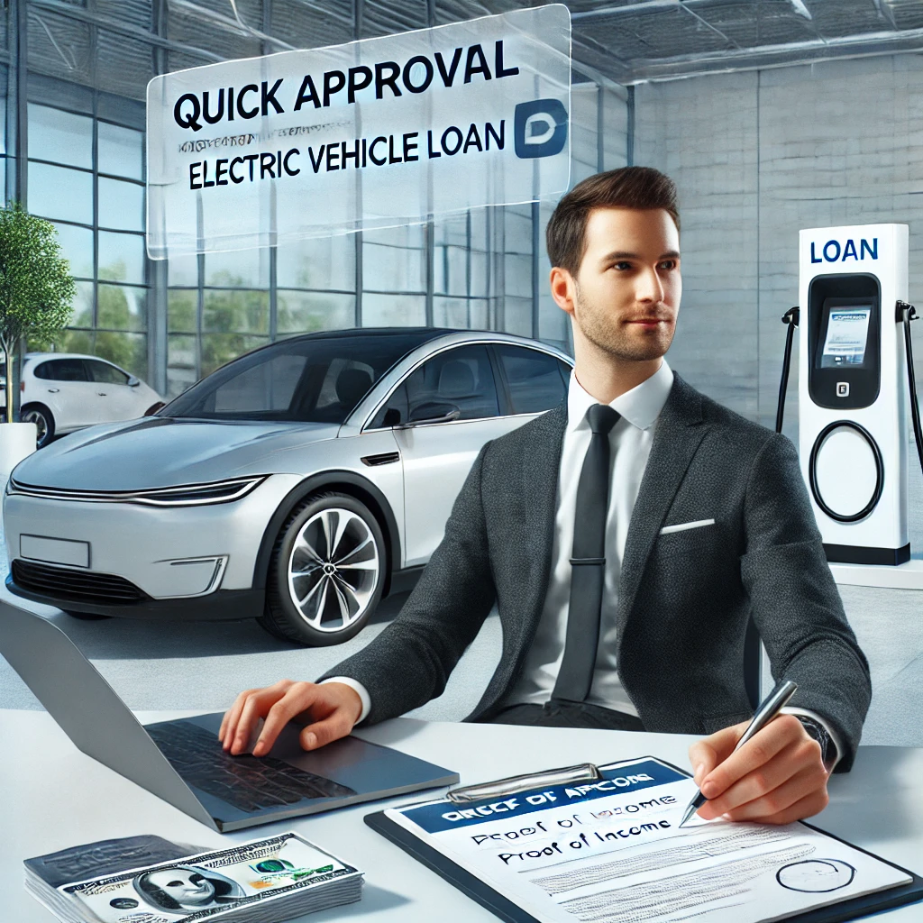 confident person receiving quick EV loan approval, surrounded by loan documents, a laptop, and an electric vehicle in the background