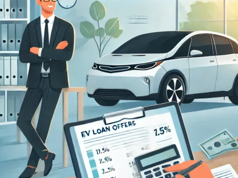 A person reviewing EV financing tips to lower interest rates, with financial documents and a sleek electric vehicle in the background