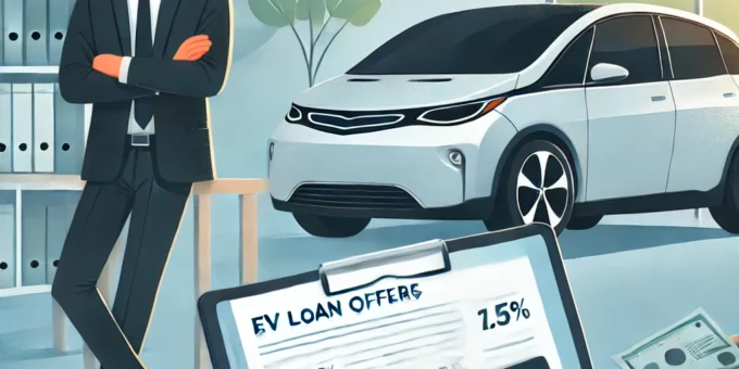 A person reviewing EV financing tips to lower interest rates, with financial documents and a sleek electric vehicle in the background