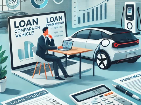 A comprehensive guide to electric vehicle loans with a sleek EV, financial documents, and a laptop displaying loan options