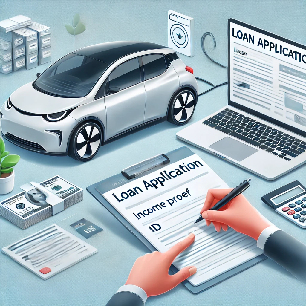 A customer confidently applying for an electric vehicle loan online with supporting documents on the table