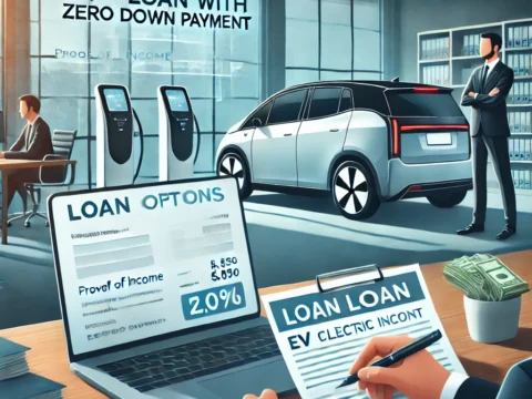 A person confidently applying for an EV loan with zero down payment, surrounded by financial documents and a laptop displaying loan options