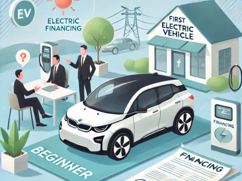 A first-time electric vehicle buyer exploring financing options with documents and a calculator