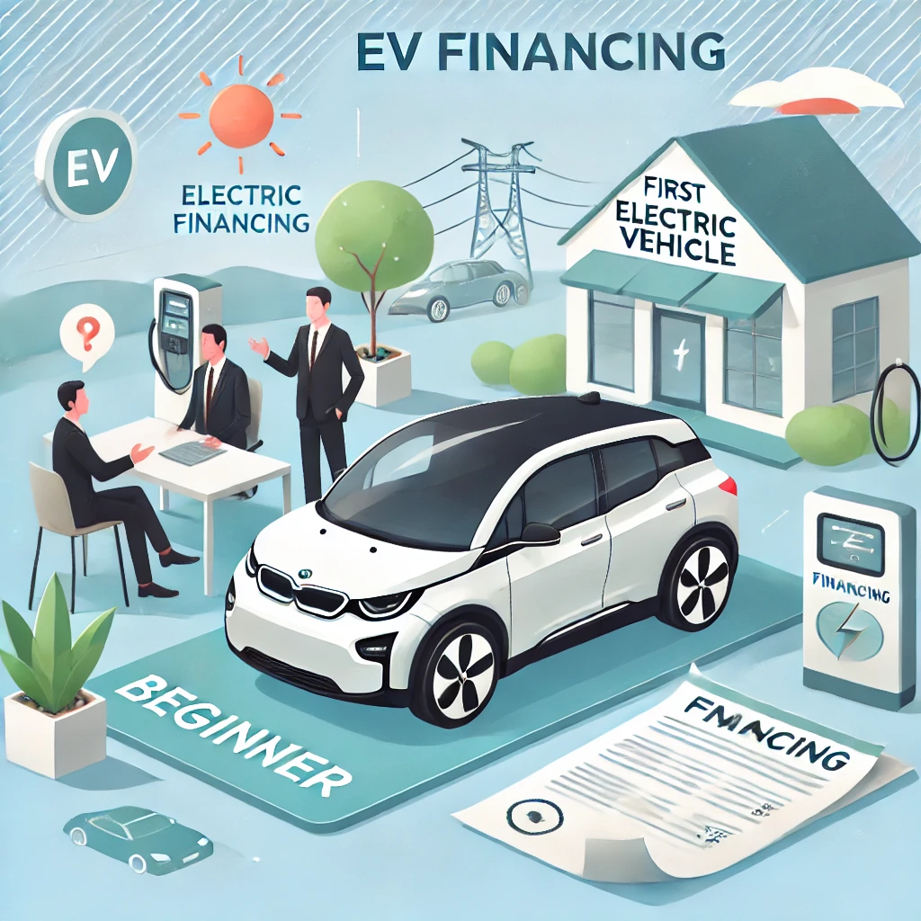A first-time electric vehicle buyer exploring financing options with documents and a calculator