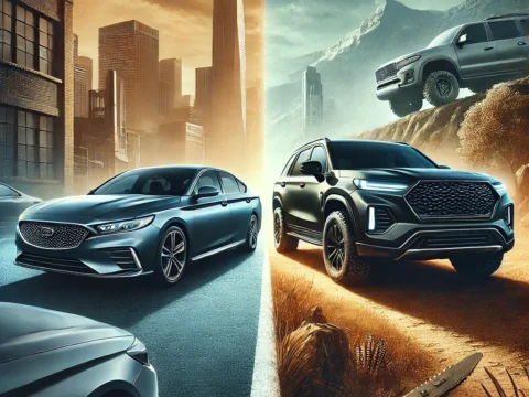 A side-by-side comparison of a sleek sedan and a rugged SUV parked in an outdoor setting