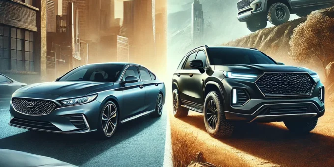 A side-by-side comparison of a sleek sedan and a rugged SUV parked in an outdoor setting