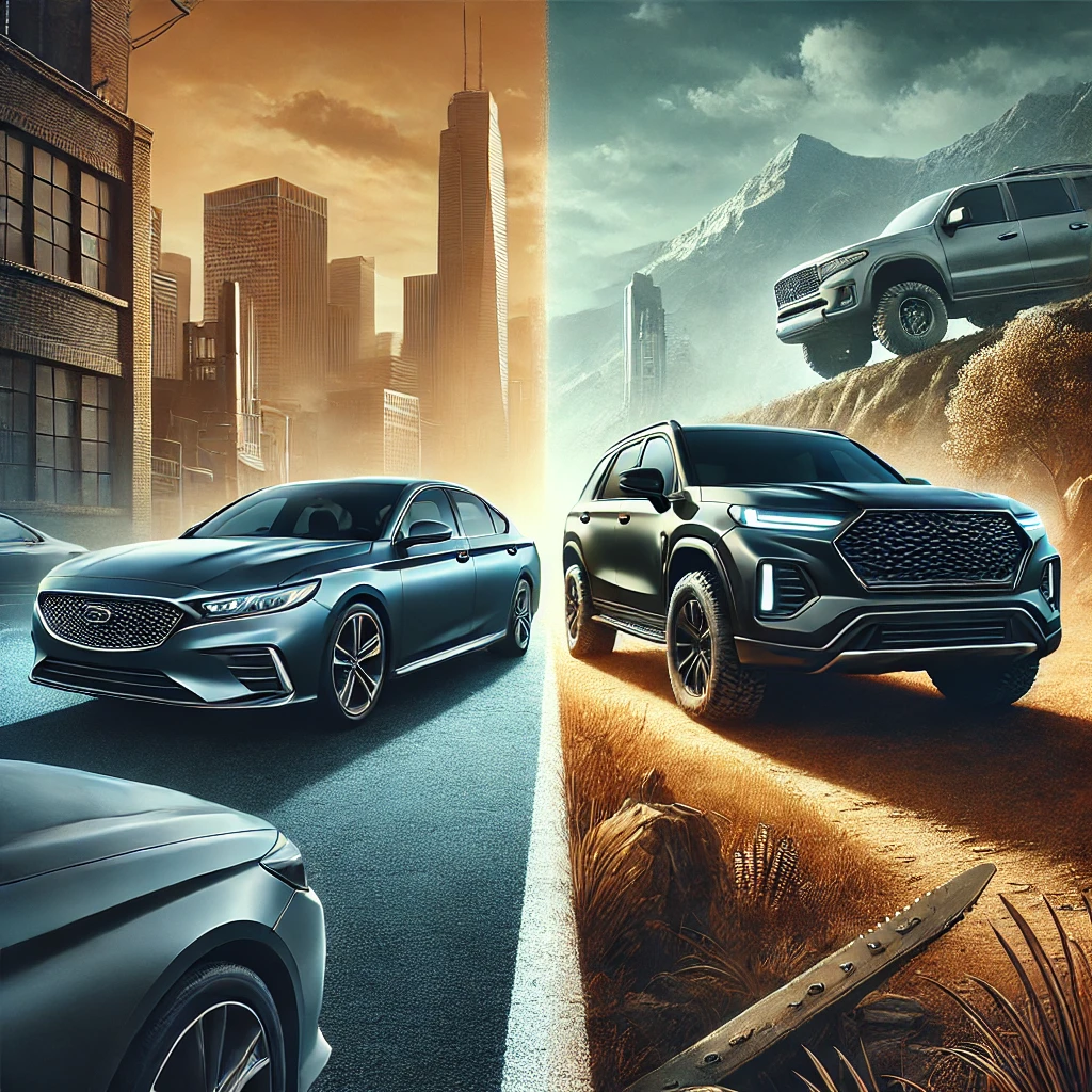 A side-by-side comparison of a sleek sedan and a rugged SUV parked in an outdoor setting
