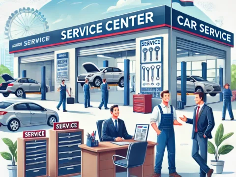 A car service center with a mechanic working on a vehicle