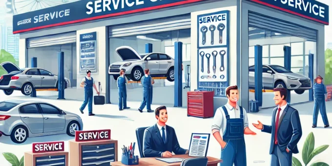 A car service center with a mechanic working on a vehicle