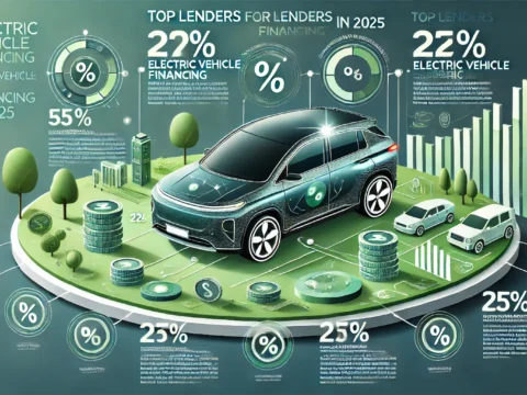 A graphic showing top lenders and their loan options for electric vehicle financing.