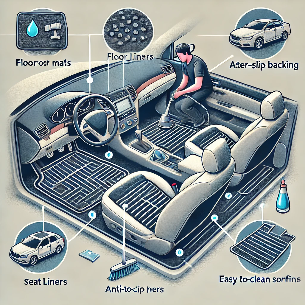 Car mats and liners installed neatly in a car's interior to protect against dirt and spills