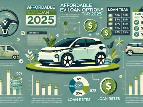 A person reviewing affordable EV loan options with an electric car in the background.