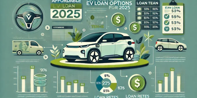 A person reviewing affordable EV loan options with an electric car in the background.