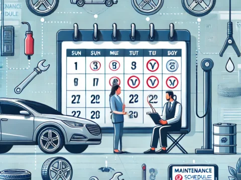 A car owner reviewing a maintenance schedule in the owner's manual