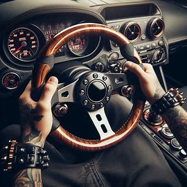 custom steering wheel installed in a modified car interior