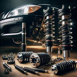 side-by-side comparison of lowering springs and coilovers laid out on a garage floor