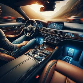 luxurious car interior showcasing leather seats, ambient lighting, and custom steering wheel